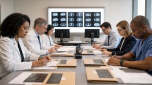 Independent medical reviewers comparing AI systems under a shared benchmark protocol