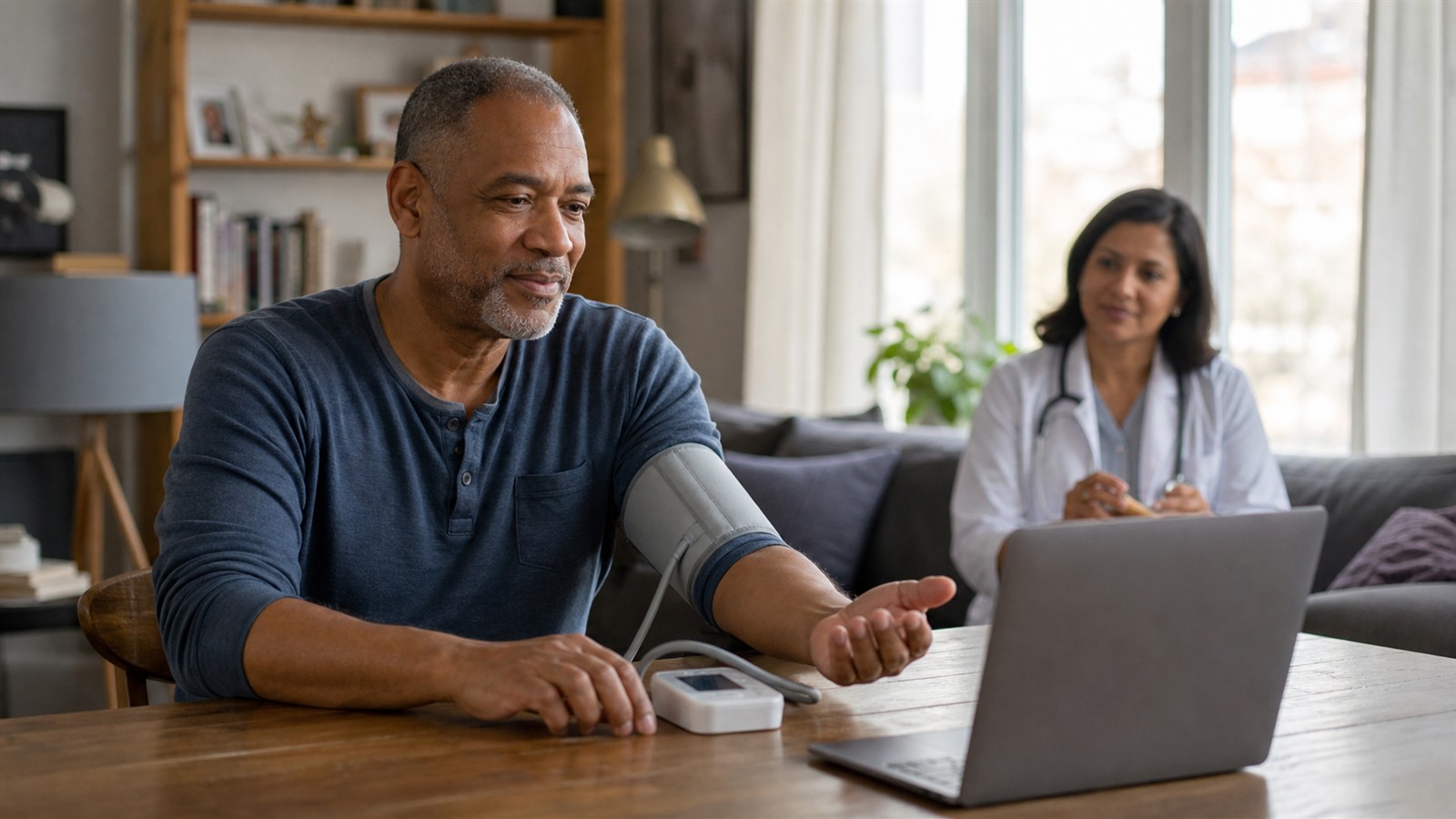 Patient checking blood pressure during a personalized remote care consultation