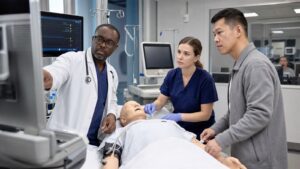 Clinical and engineering team validating a medical AI workflow in a hospital simulation lab
