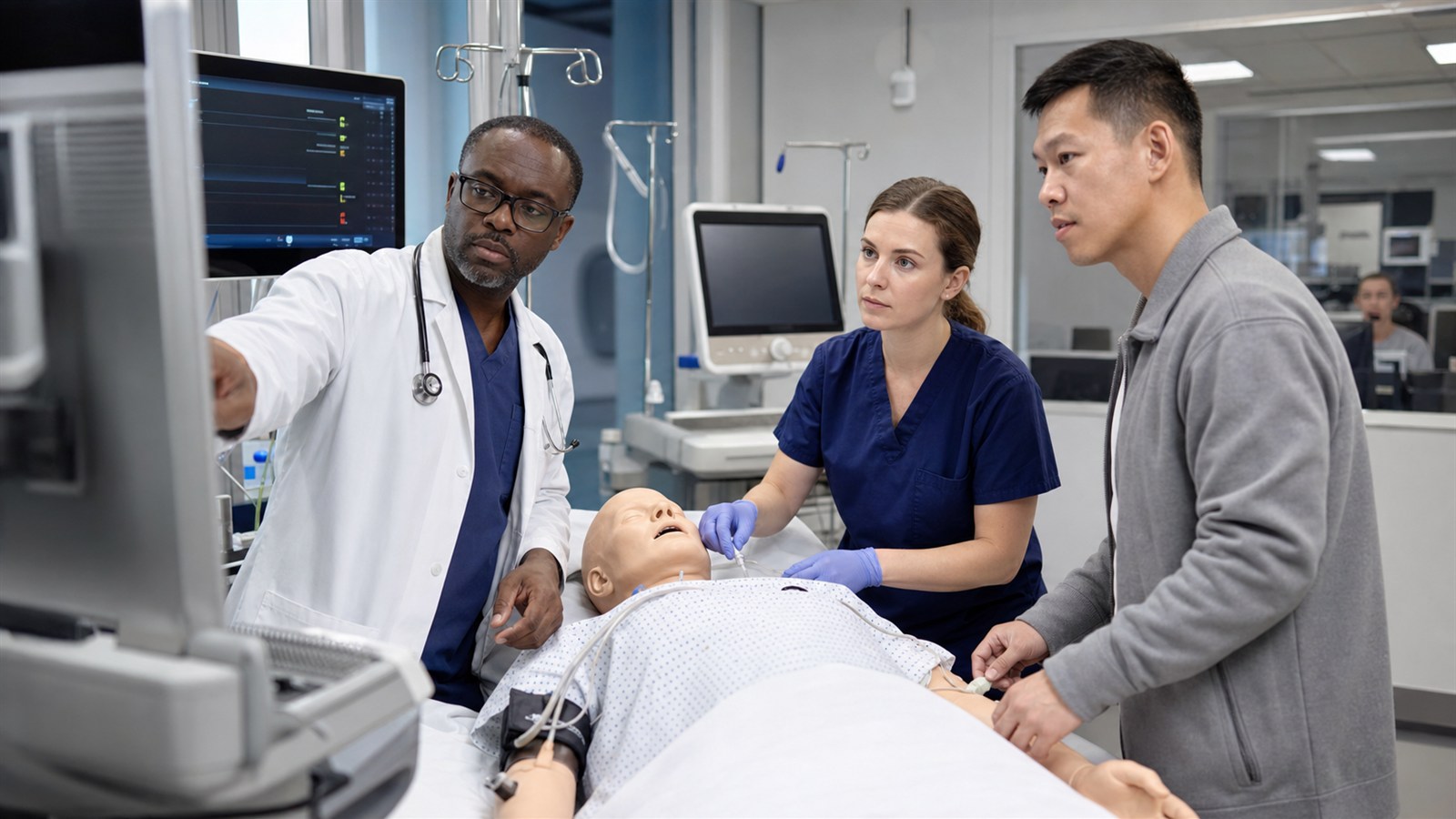 Clinical and engineering team validating a medical AI workflow in a hospital simulation lab