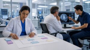 Clinical team comparing a simple decision model with complex medical AI analysis