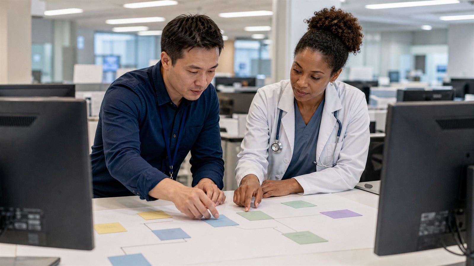 Health data engineer and clinician reviewing a hospital information workflow