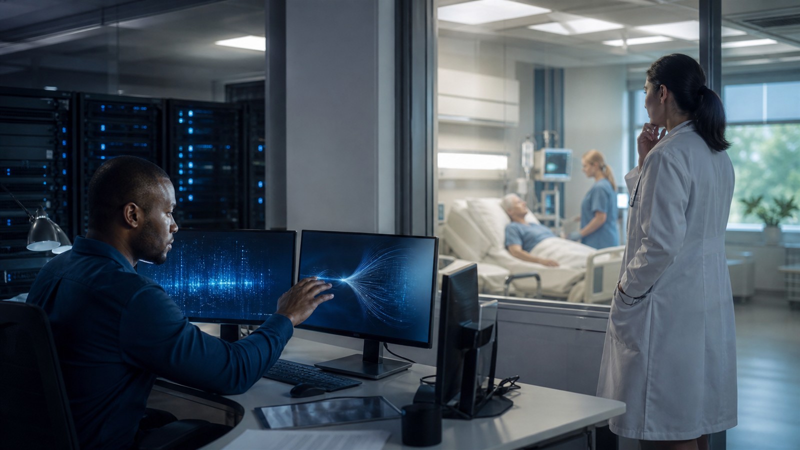 Data engineer and physician reviewing the infrastructure behind a medical AI alert