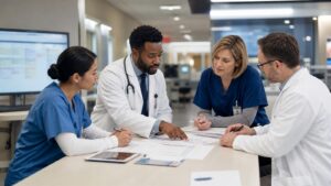 Multidisciplinary medical team collaborating on a personalized patient care pathway