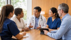 Patient and multidisciplinary healthcare team collaborating around an AI-supported care plan