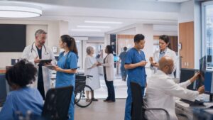 Modern multidisciplinary human-AI healthcare team coordinating patient care