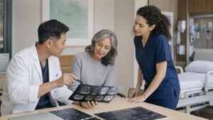 Physician patient and AI engineer collaborating instead of competing over a care decision