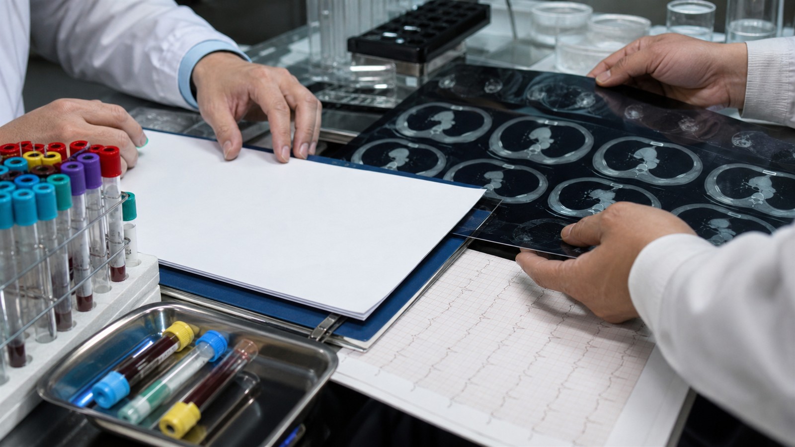 Clinical researchers arranging imaging notes laboratory samples and waveform evidence