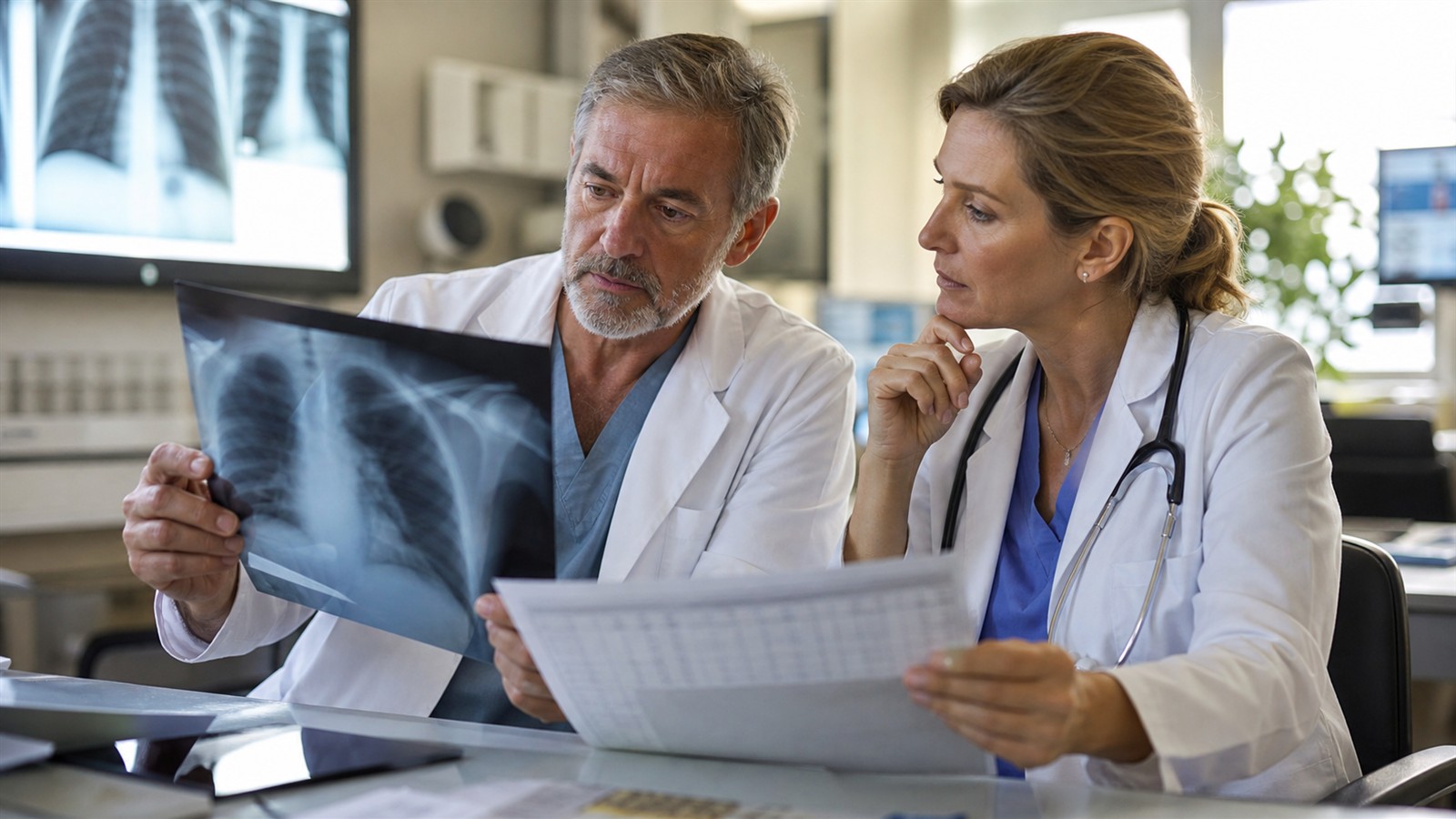 Two physicians combining medical imaging and laboratory context for one patient case