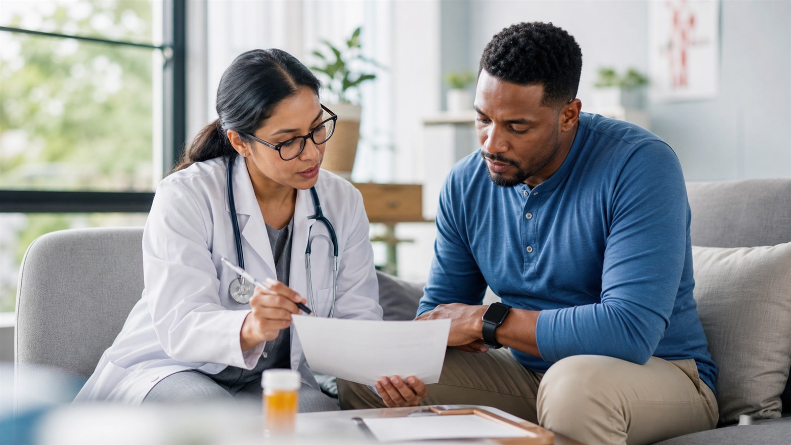 Doctor and patient discussing an individualized health plan in a modern clinic